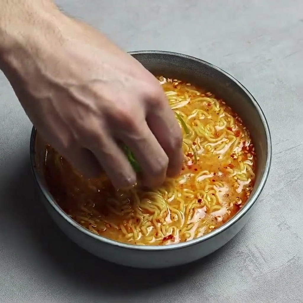 Una mano colocando cebolleta fresca picada en un cuenco de ramen humeante con aceite de chile y sésamo.