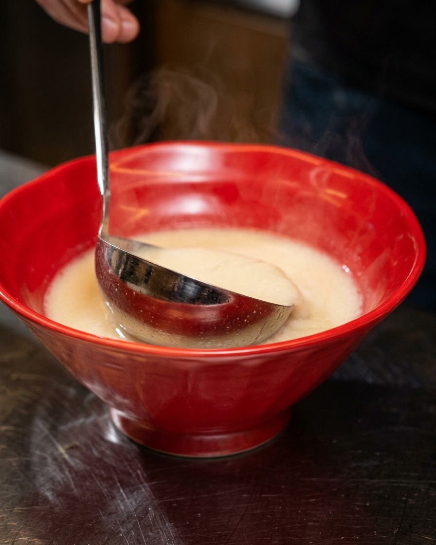 Caldo de cerdo cremoso vertiéndose en un bol rojo desde un cazo de acero.