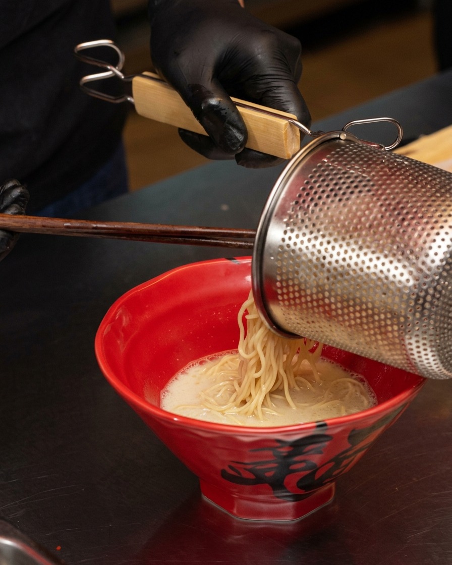 Fideos ramen amarillos pasando de un colador metálico a un bol con caldo caliente.