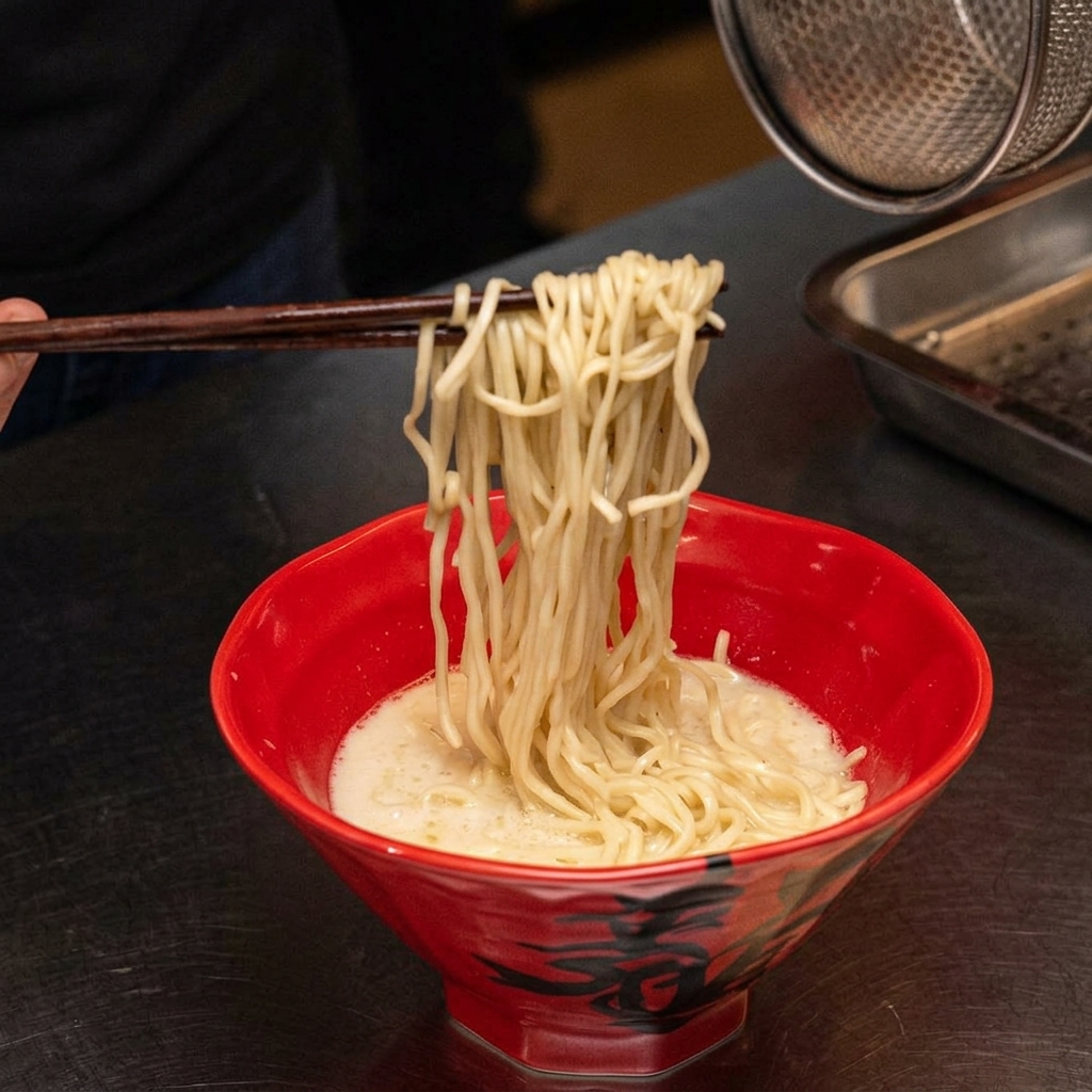 Palillos levantando y organizando los fideos ramen dentro de un bol rojo con caldo cremoso.