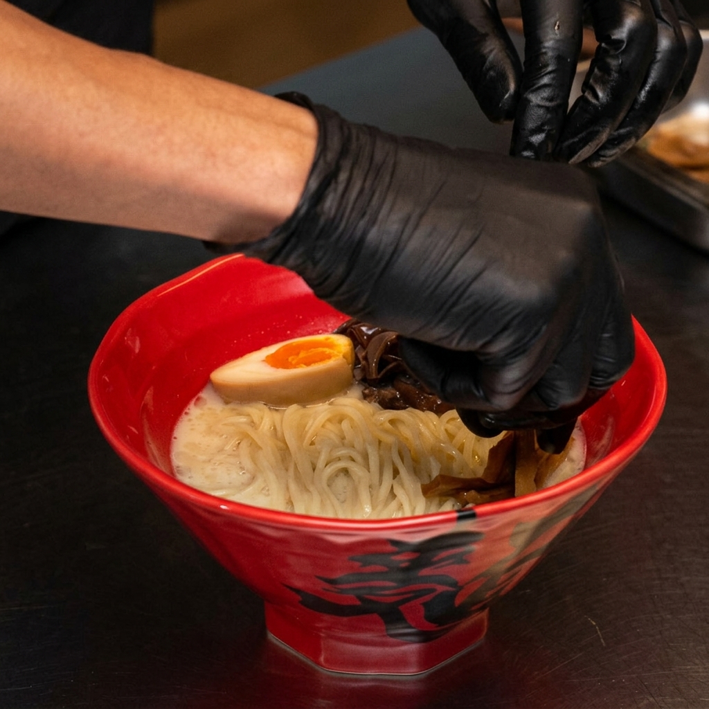 Manos añadiendo brotes de bambú secos a un bol de ramen ya decorado.