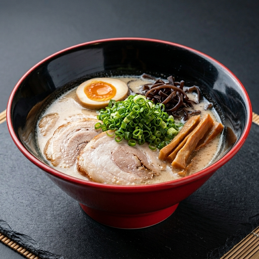 Un bol de ramen miso con una montaña generosa de cebolleta verde picada en el centro.