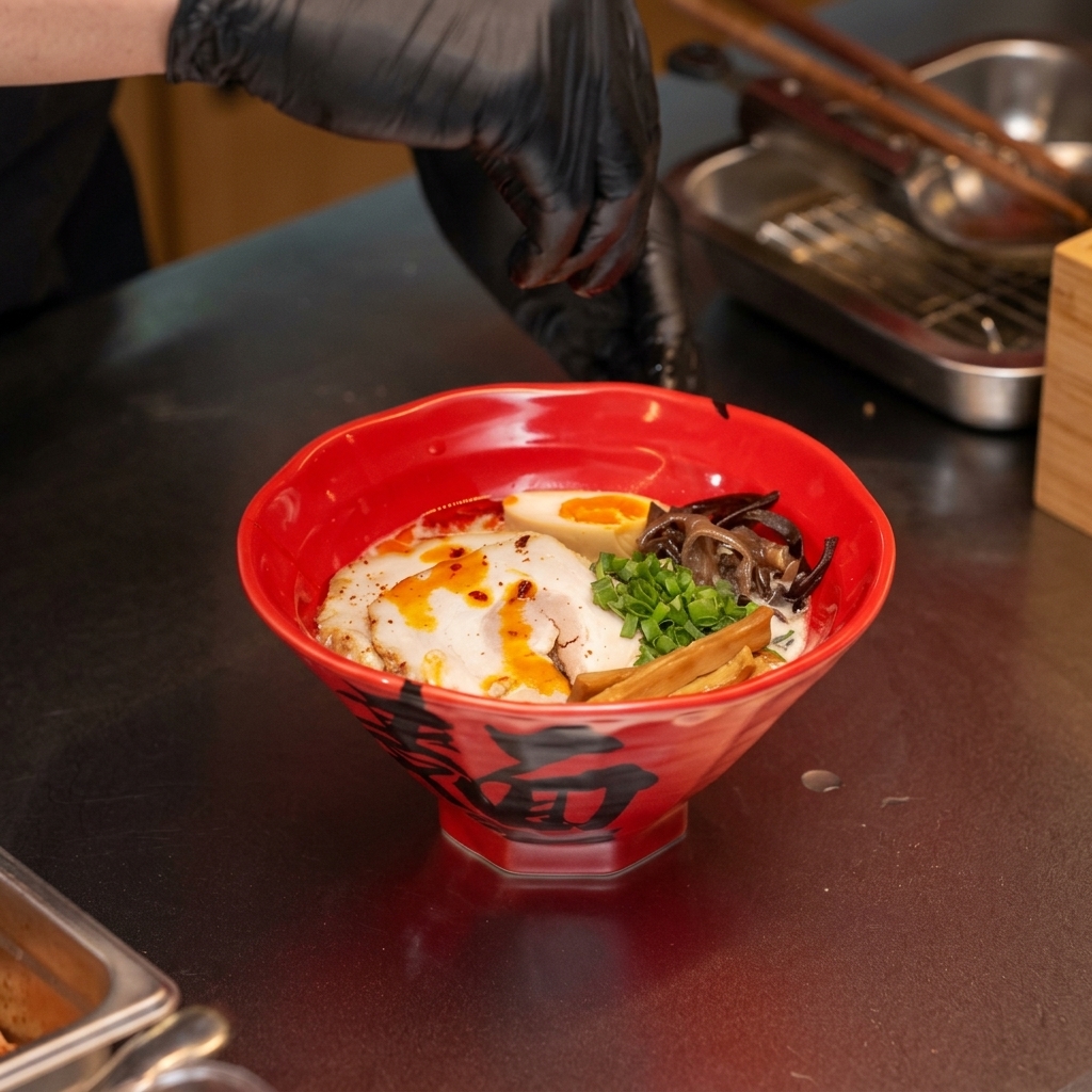 Dedos espolvoreando chile rojo en polvo sobre el ramen terminado.