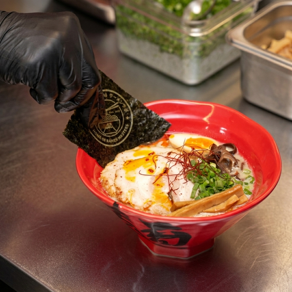Una mano colocando una hoja de alga verde oscuro en el borde de un bol de ramen caliente.
