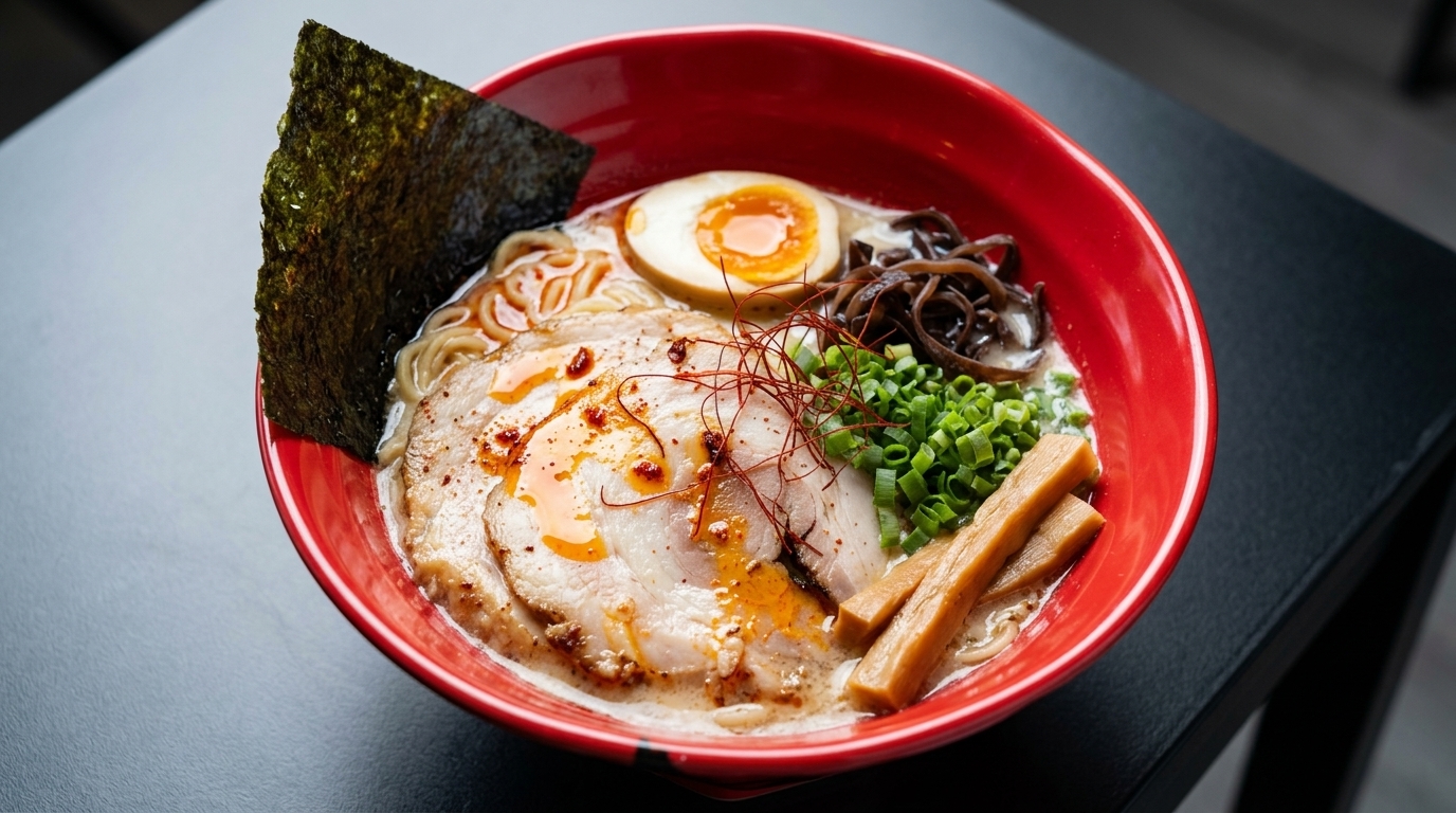 Un vibrante bol de ramen tonkotsu miso con caldo cremoso, cerdo chashu braseado, huevo marinado e hilos de chile.