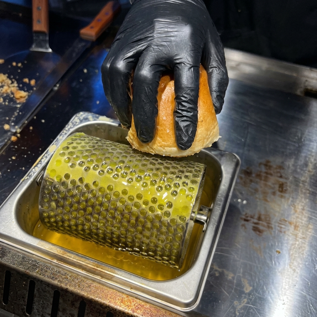 Una mano con guante presionando el corte de un pan de hamburguesa sobre un rodillo de mantequilla en una bandeja de mantequilla derretida.