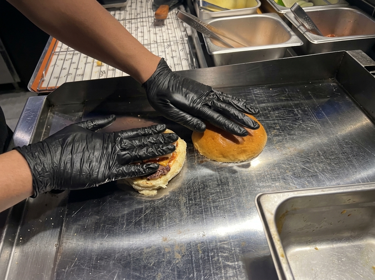 Dos mitades de pan de hamburguesa enmantequilladas siendo presionadas contra una plancha caliente para tostarlas.