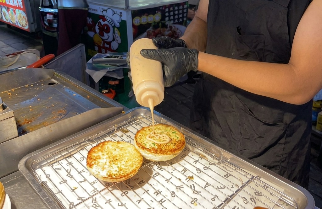 Exprimiendo una salsa de hamburguesa naranja pálido de una botella de plástico sobre las caras tostadas de dos mitades de pan.