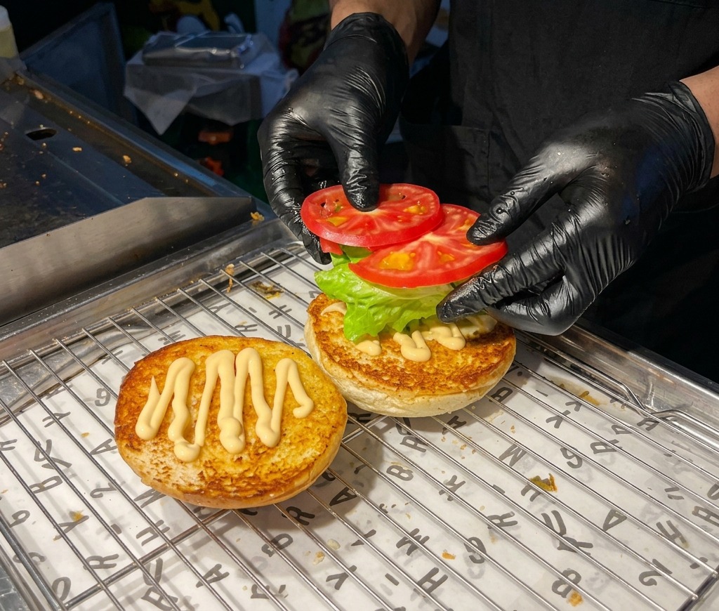 Manos con guantes negros colocando dos rodajas de tomate rojo sobre lechuga verde que cubre un pan de hamburguesa tostado con salsa.