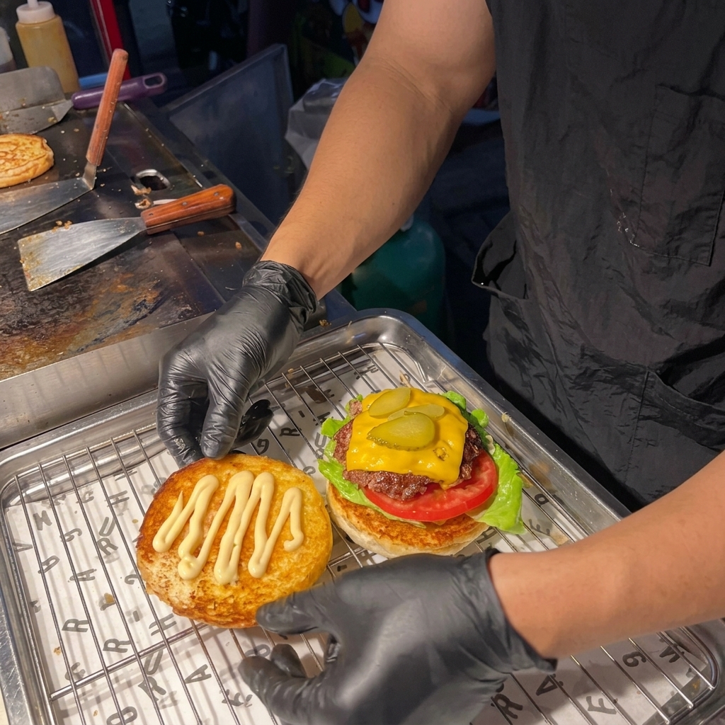 Manos colocando la tapa del pan tostado sobre una hamburguesa americana clásica montada en una rejilla.