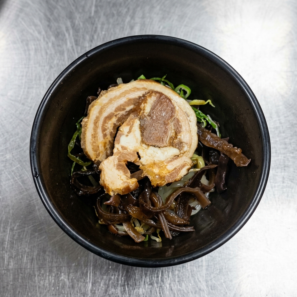 Un bol negro con una rebanada de cerdo chashu, alga oscura picada y brotes de soja frescos.