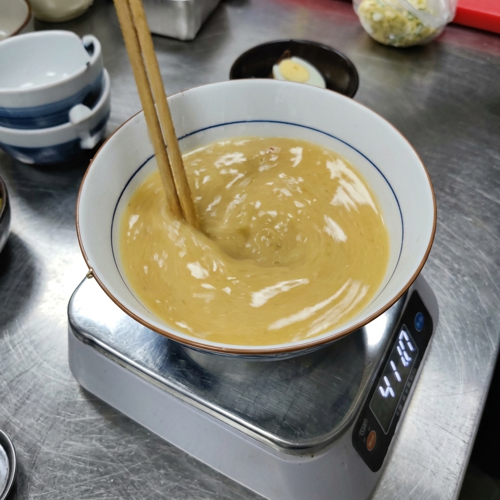Palillos removiendo pasta de miso amarilla con caldo caliente en un bol decorado.