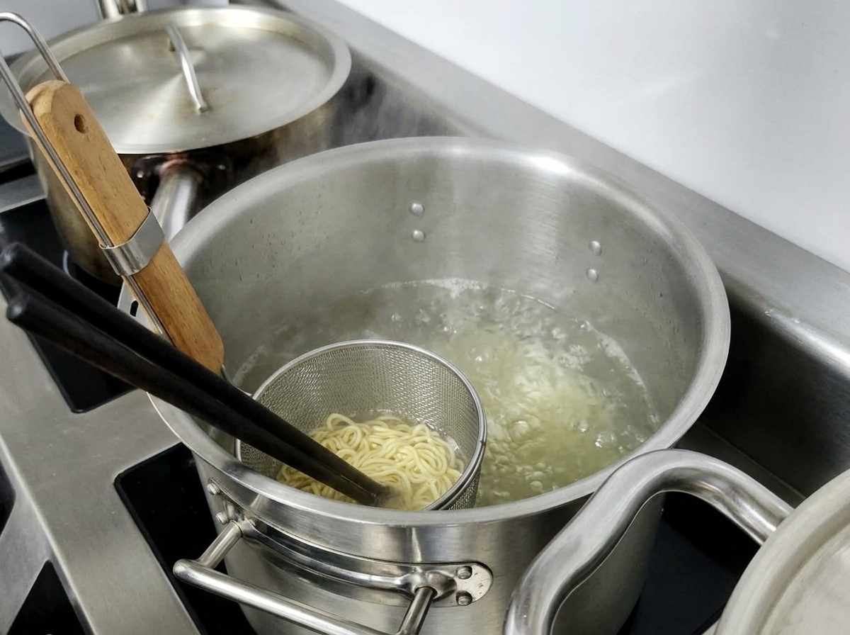 Fideos ramen hirviendo en un colador metálico sumergido en una olla con agua burbujeante.