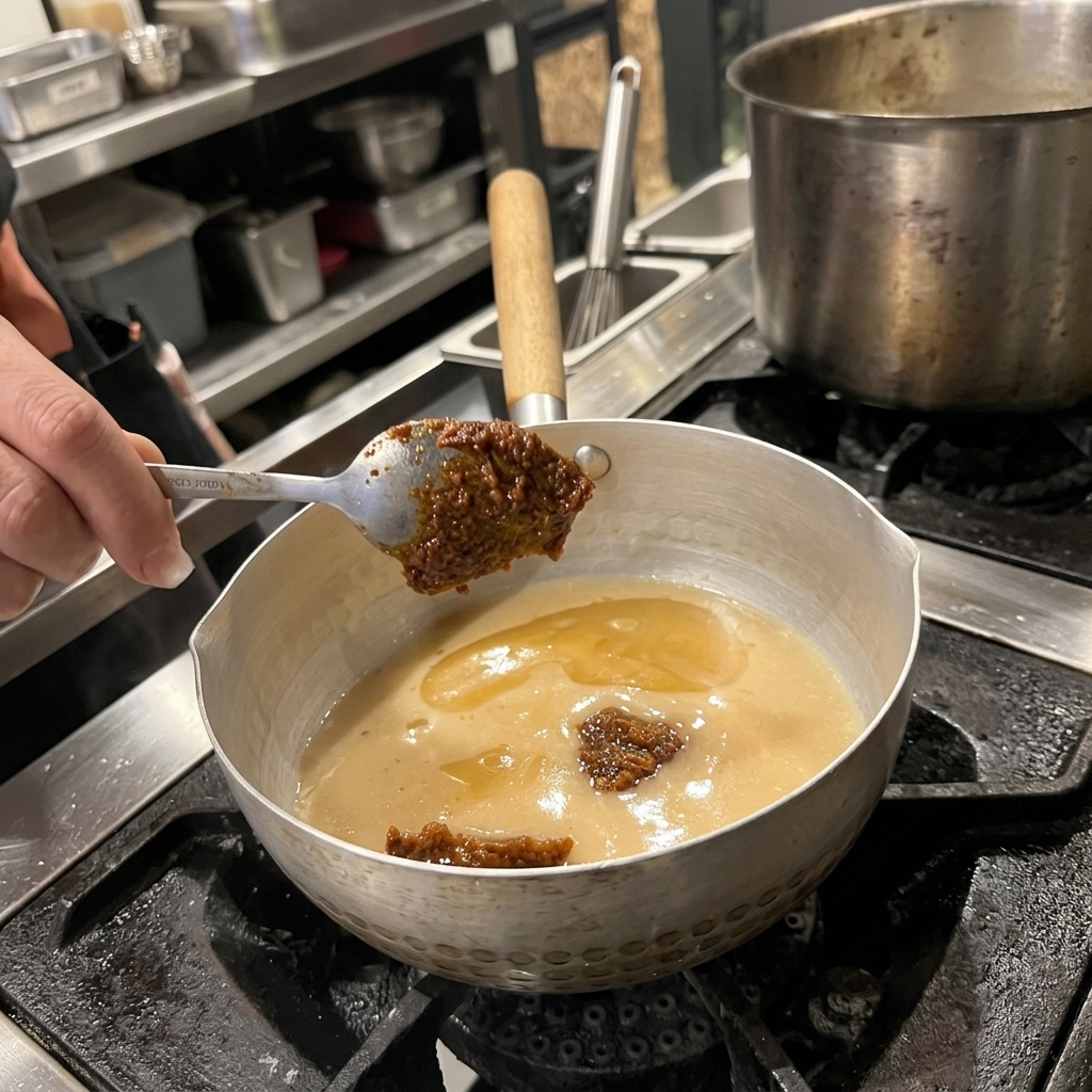 Una cuchara metálica con una porción de pasta de miso marrón espesa sobre una olla de caldo sazonado.