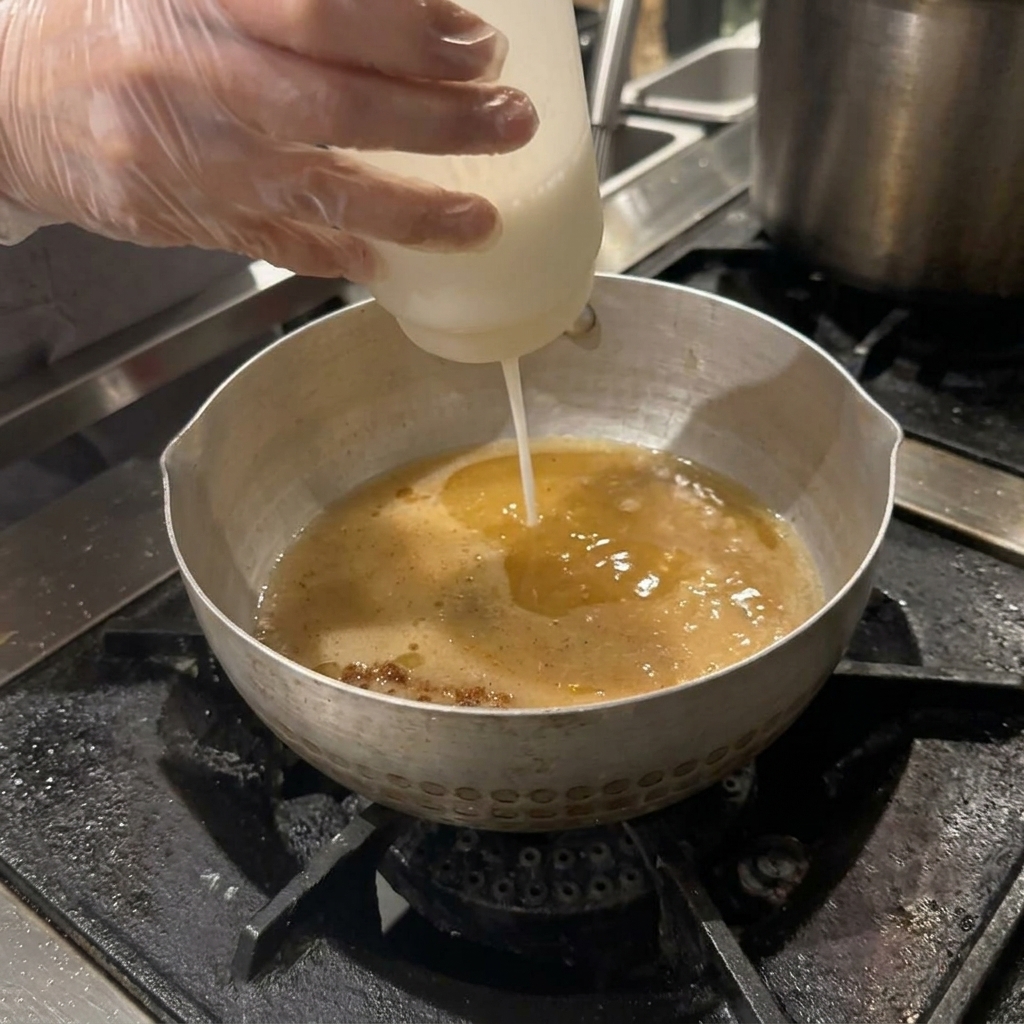Una mano con guante apretando una botella de plástico para añadir una emulsión blanca a la olla de ramen.