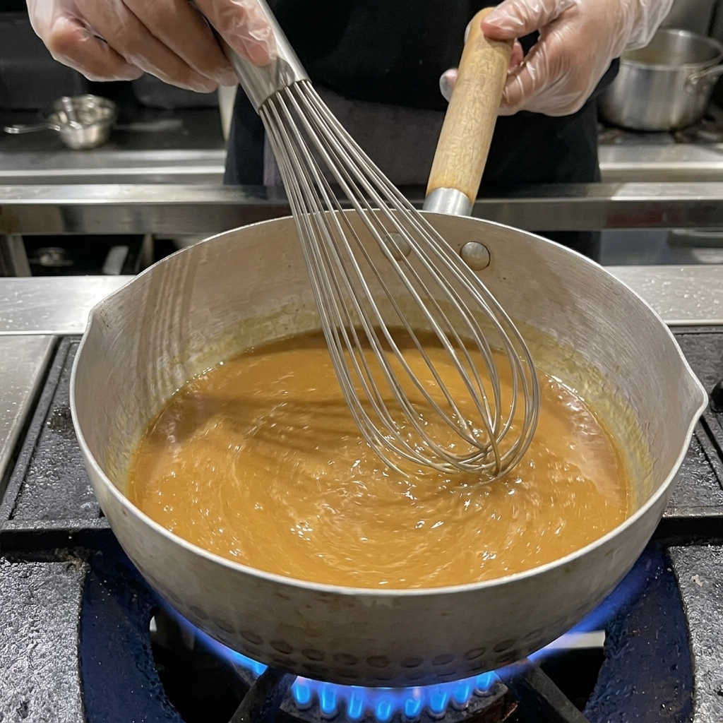Unas varillas metálicas batiendo vigorosamente el caldo de miso dentro de una olla al fuego.