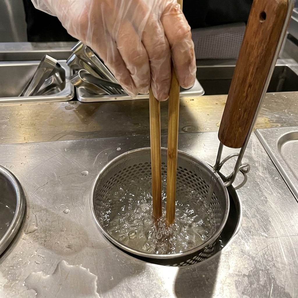 Palillos de madera agitando fideos finos dentro de un colador metálico sumergido en agua hirviendo.