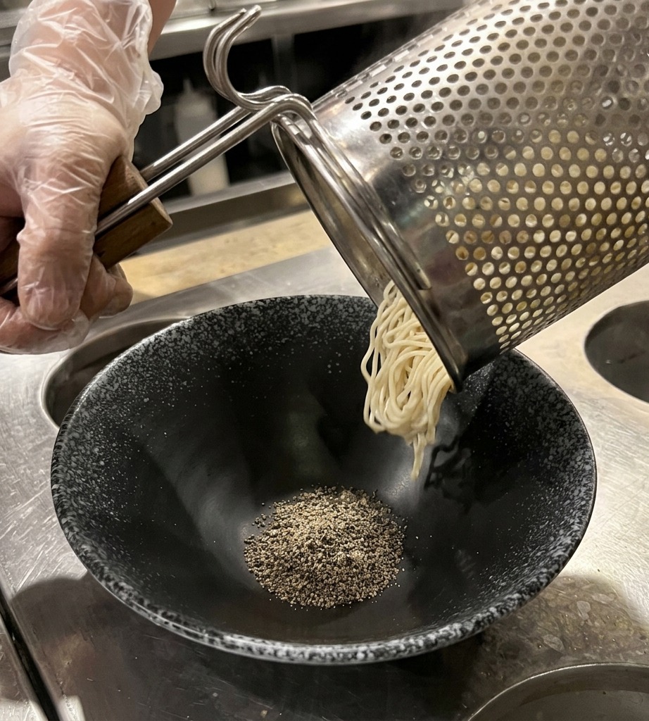 Una mano con guante sacudiendo un colador de fideos antes de verterlos en un tazón cerámico negro.