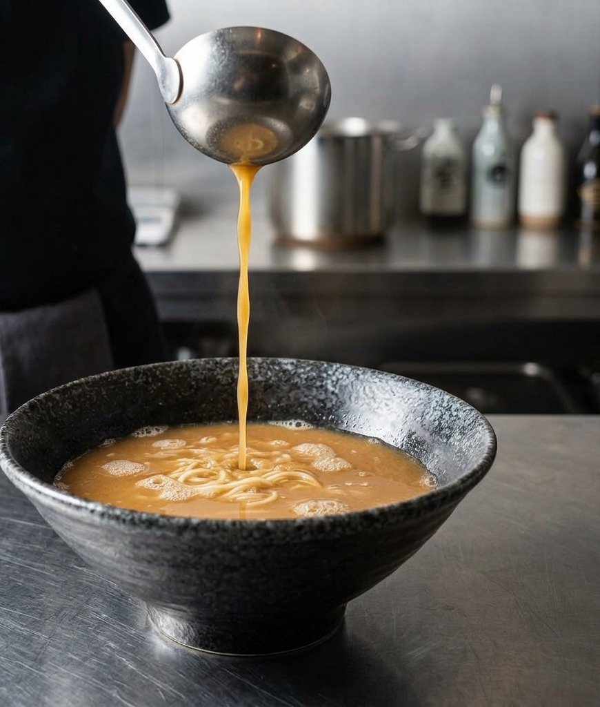 Un cucharón metálico vertiendo caldo de miso humeante sobre los fideos en un tazón oscuro.