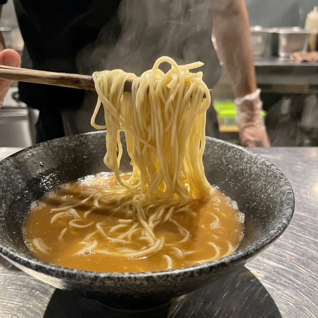 Palillos de madera levantando y doblando los fideos dentro del tazón de caldo.