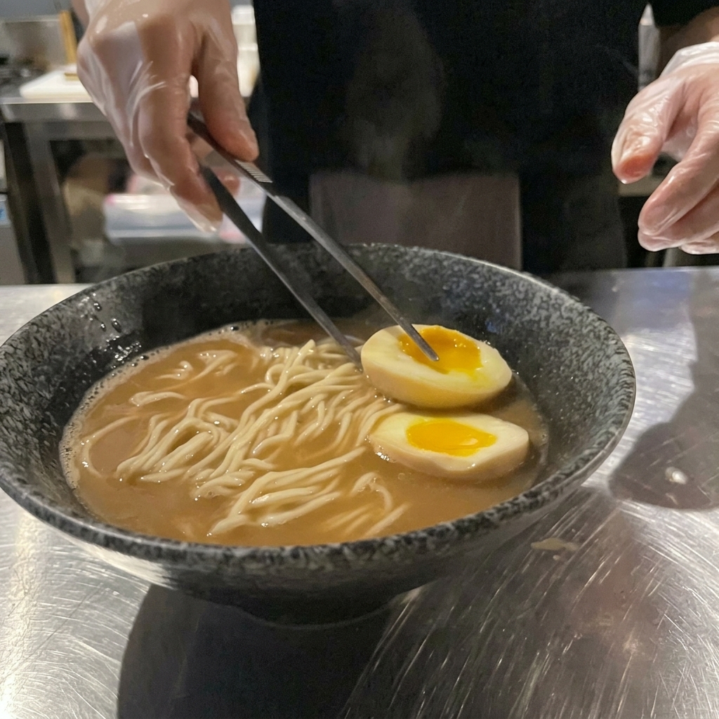 Pinzas metálicas colocando medio huevo pasado por agua con la yema naranja brillante en el ramen.