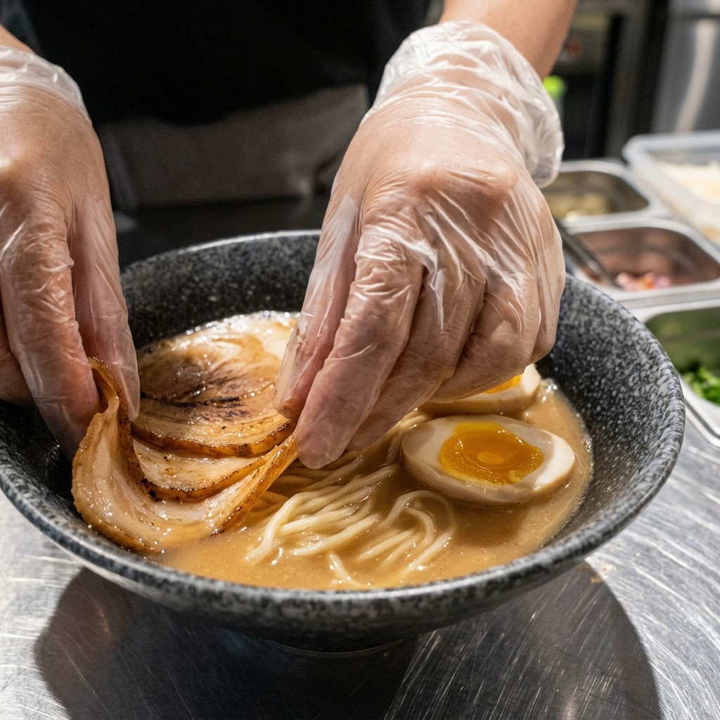 Manos colocando rebanadas de cerdo chashu en un tazón de ramen de miso.