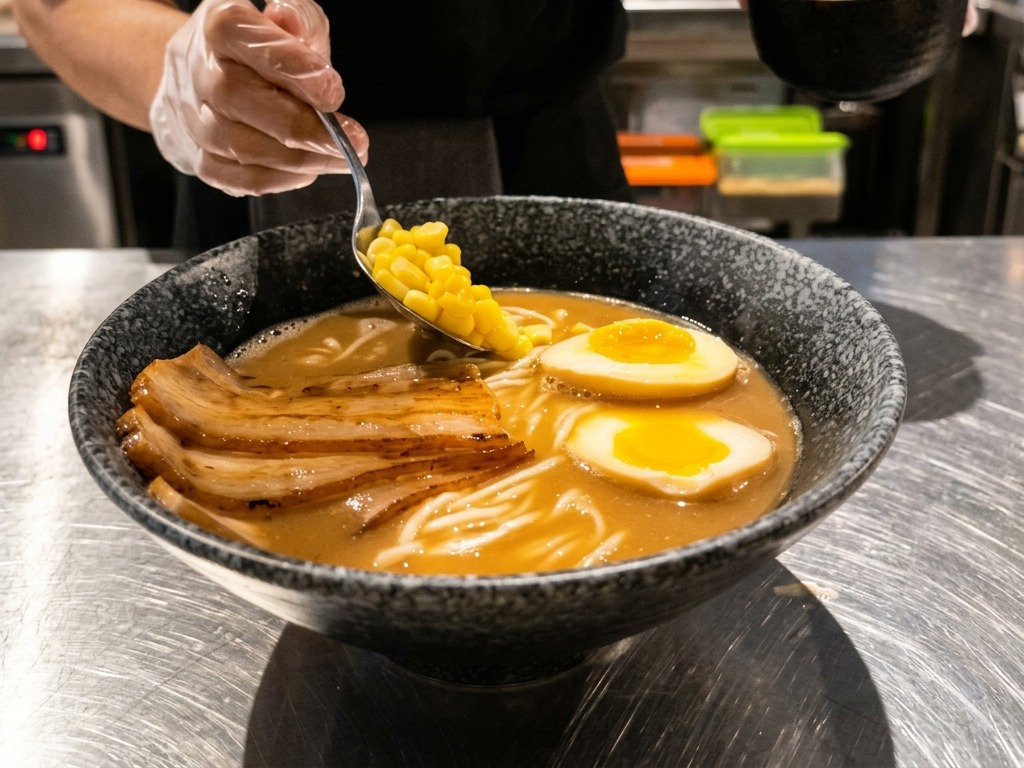Una cuchara depositando granos de maíz amarillo brillante en un tazón de ramen humeante.