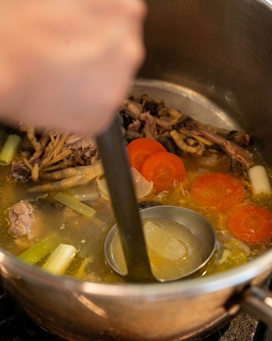 Un cucharón de metal sacando caldo de pollo dorado y claro de una olla grande con restos de pollo y zanahorias.