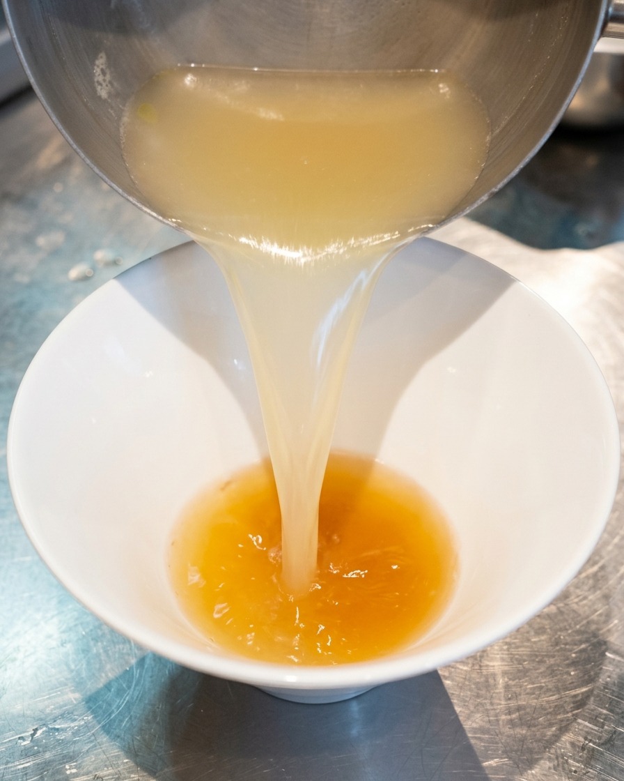 Caldo de pollo caliente y claro vertiéndose desde un cazo a un bol blanco, mezclándose con el tare dorado en el fondo.