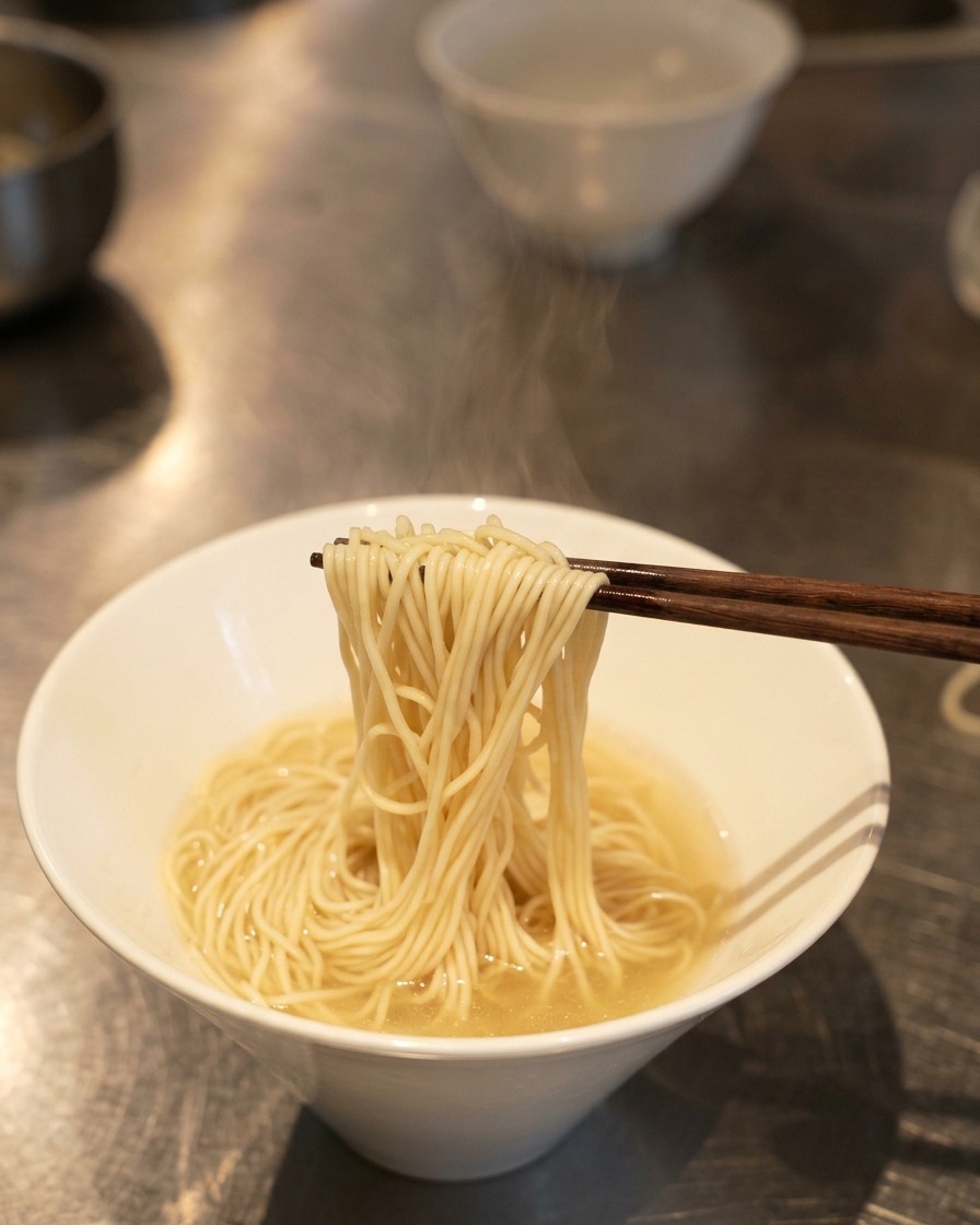 Unos palillos levantando un manojo de fideos ramen de un bol blanco con caldo claro para doblarlos ordenadamente.