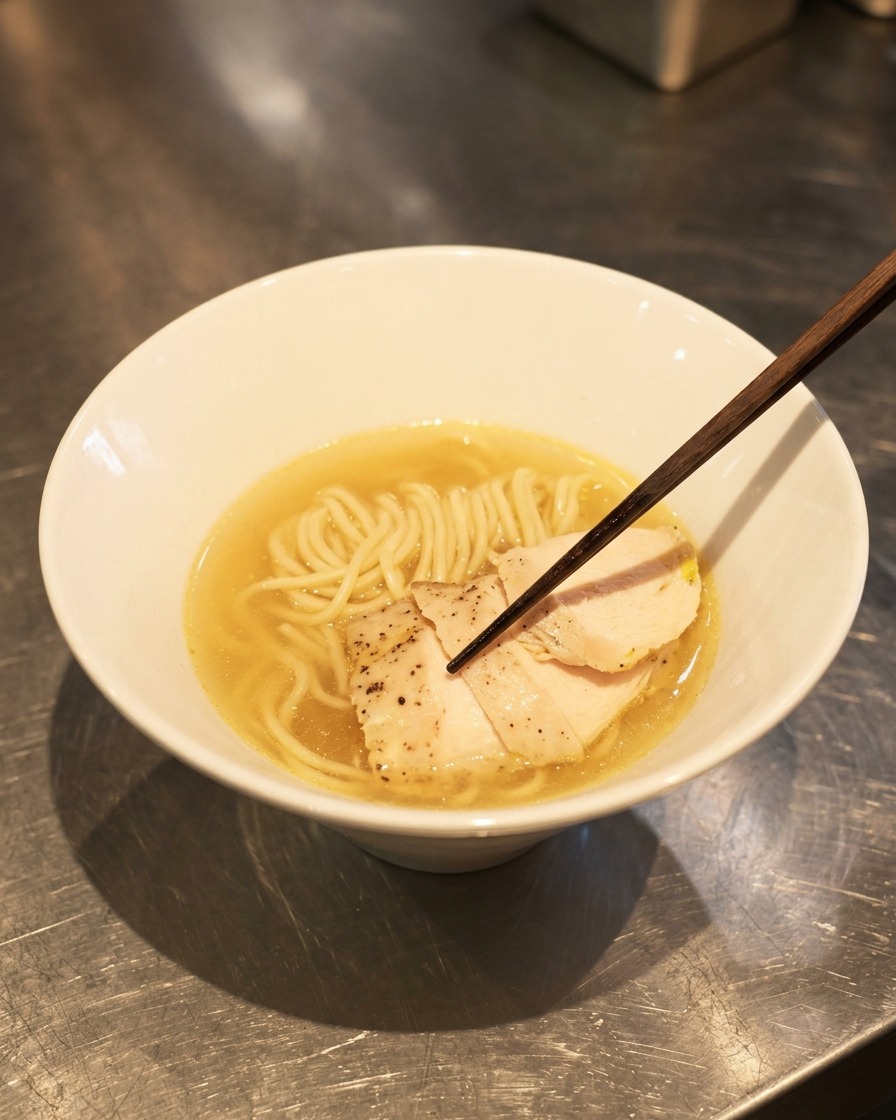 Palillos colocando láminas tiernas de chashu de pollo sobre fideos sumergidos en una sopa clara de color ámbar.