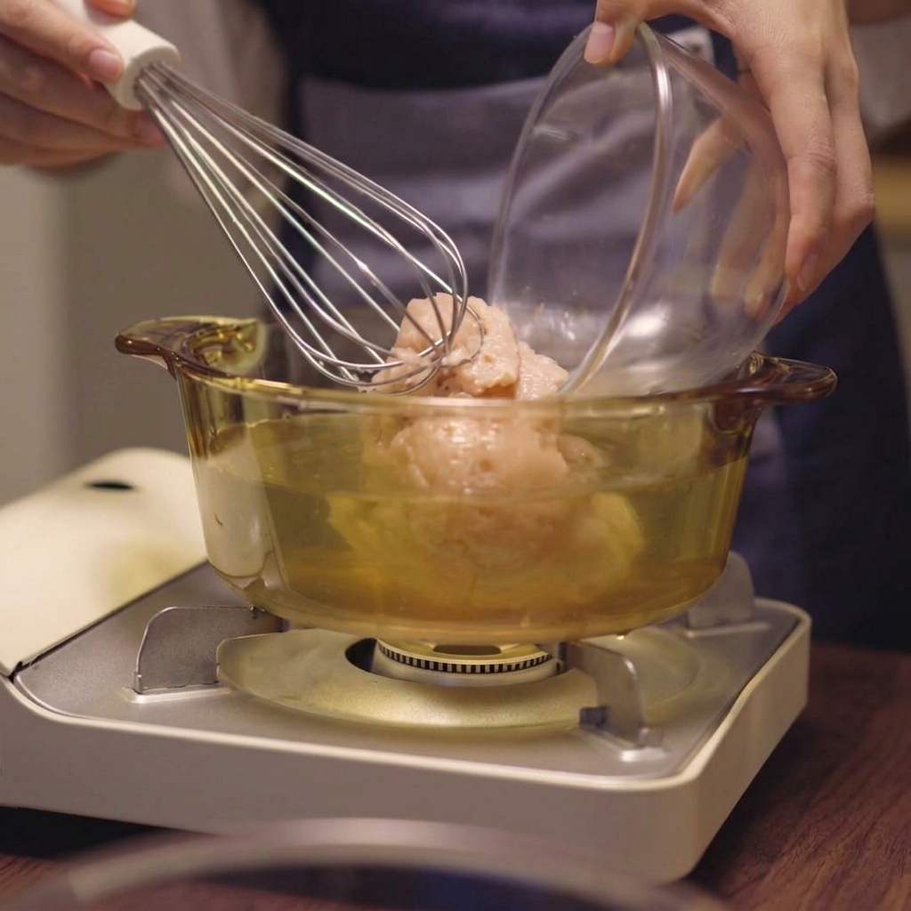 Una mano usando un batidor para deshacer carne de pollo picada dentro de una olla con líquido.