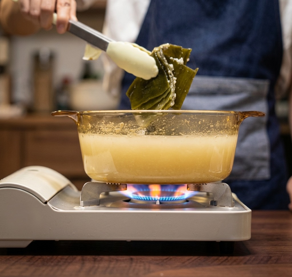 Pinzas sacando un trozo de kombu cocinado de una olla de vidrio humeante.