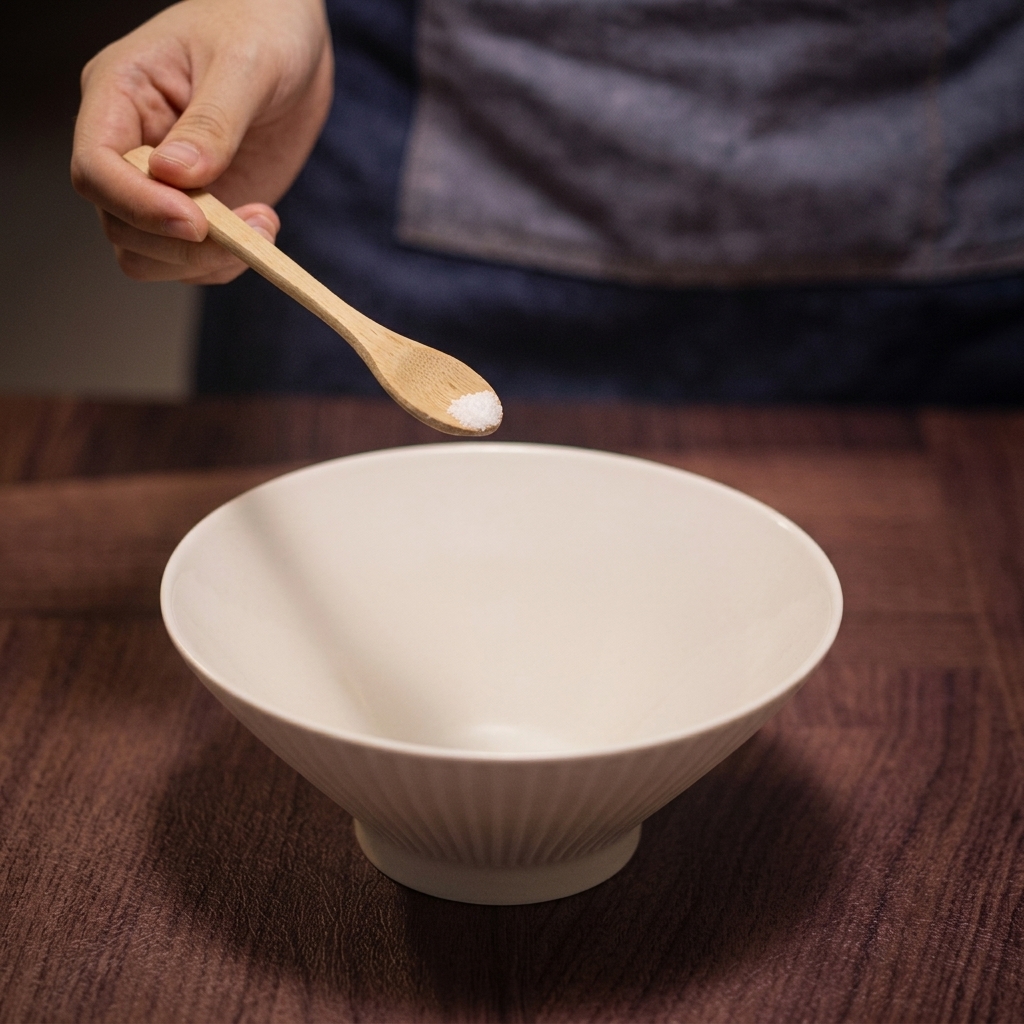 Cuchara de madera con sal marina sobre un bol de ramen cerámico blanco vacío.