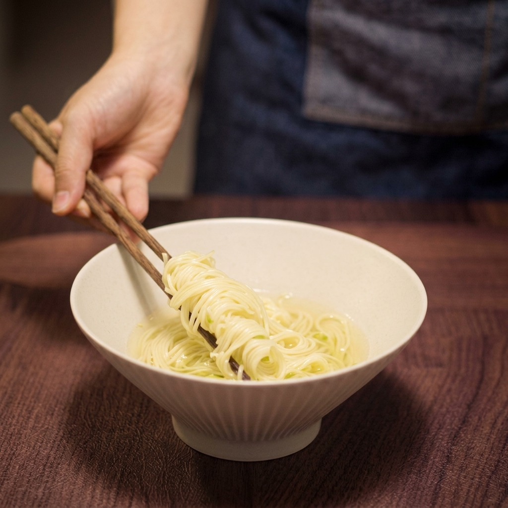 Palillos de madera colocando fideos ramen amarillos en un bol de sopa clara.