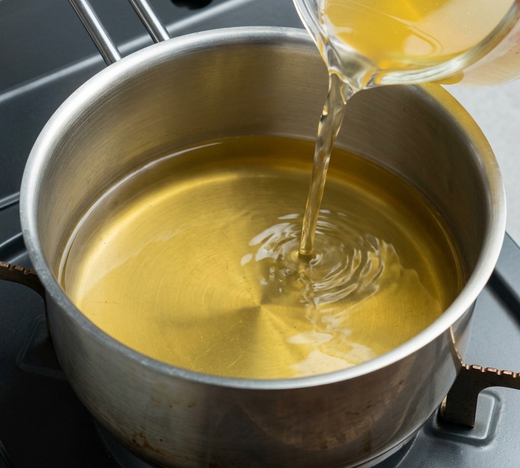Caldo de pollo amarillento vertiéndose desde una jarra medidora de cristal en una olla de acero inoxidable limpia sobre una estufa portátil.
