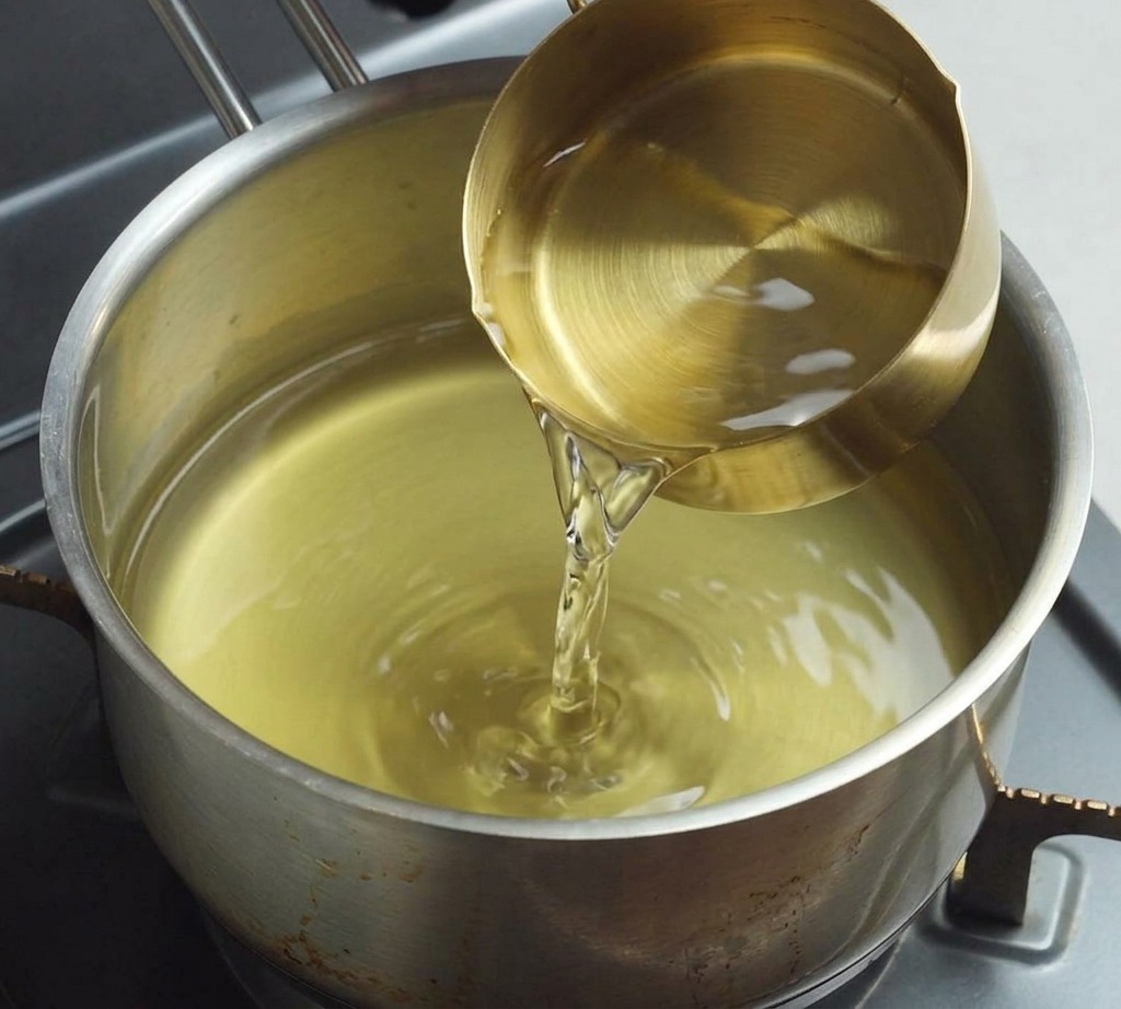 Agua clara vertiéndose desde una taza medidora de color latón en una olla que ya contiene un caldo de color amarillo pálido.