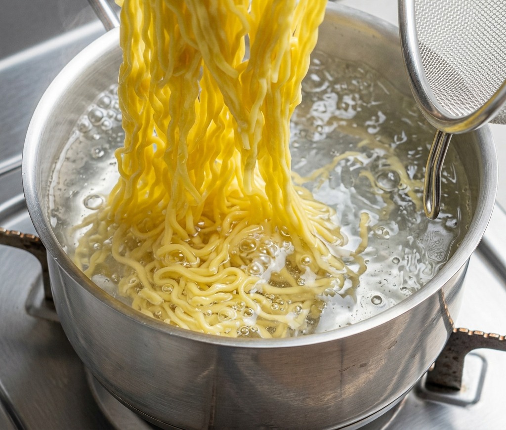 Fideos ramen amarillos cocidos levantados en alto desde una olla hirviendo con un colador de malla, con vapor subiendo al aire.