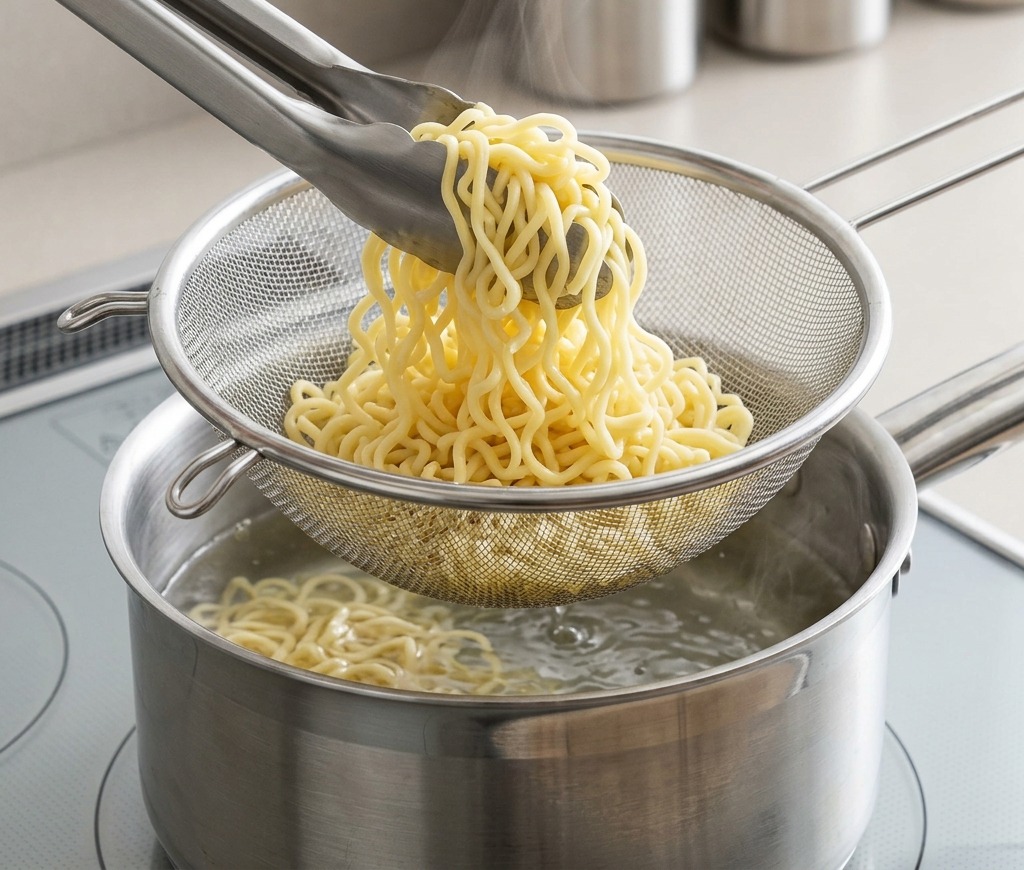 Fideos ramen amarillos cocidos sostenidos en un colador de malla de acero inoxidable con pinzas sobre una olla con agua humeante.