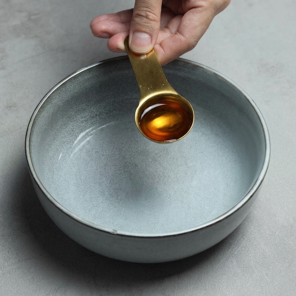 Una cuchara medidora dorada vertiendo aceite de sésamo de color ámbar claro en el centro de un bol de cerámica gris azulado vacío.
