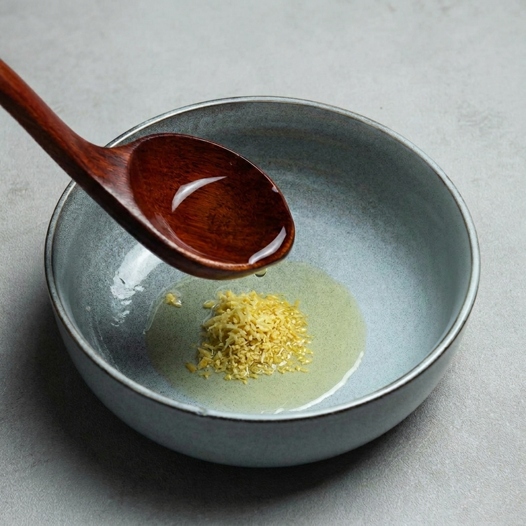 Caldo de pollo amarillo claro vertiéndose desde un cazo de madera oscura en un bol de ramen azul claro ya sazonado.