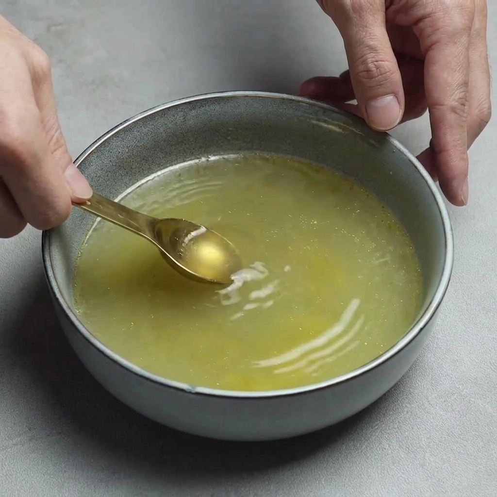Una persona usando una cuchara dorada para remover el caldo amarillo en un bol azul para combinar los condimentos.