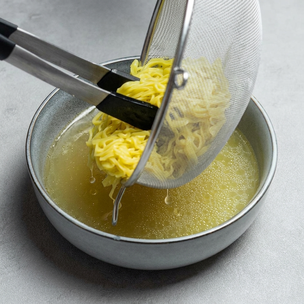 Una persona usando pinzas plateadas para transferir fideos ramen amarillos cocidos desde un colador a un bol azul con caldo dorado claro.