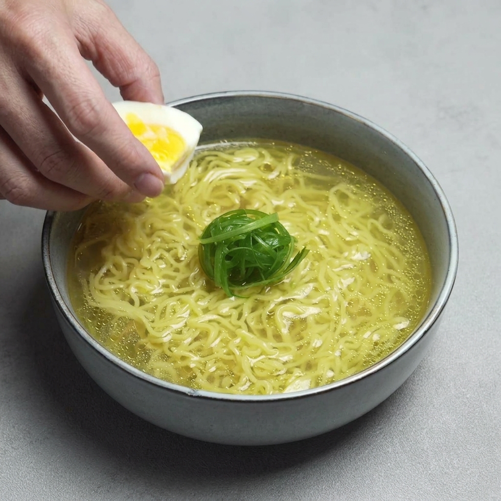 Una mano colocando la mitad de un huevo pasado por agua con una yema amarilla brillante en un bol de ramen decorado con cebolleta.