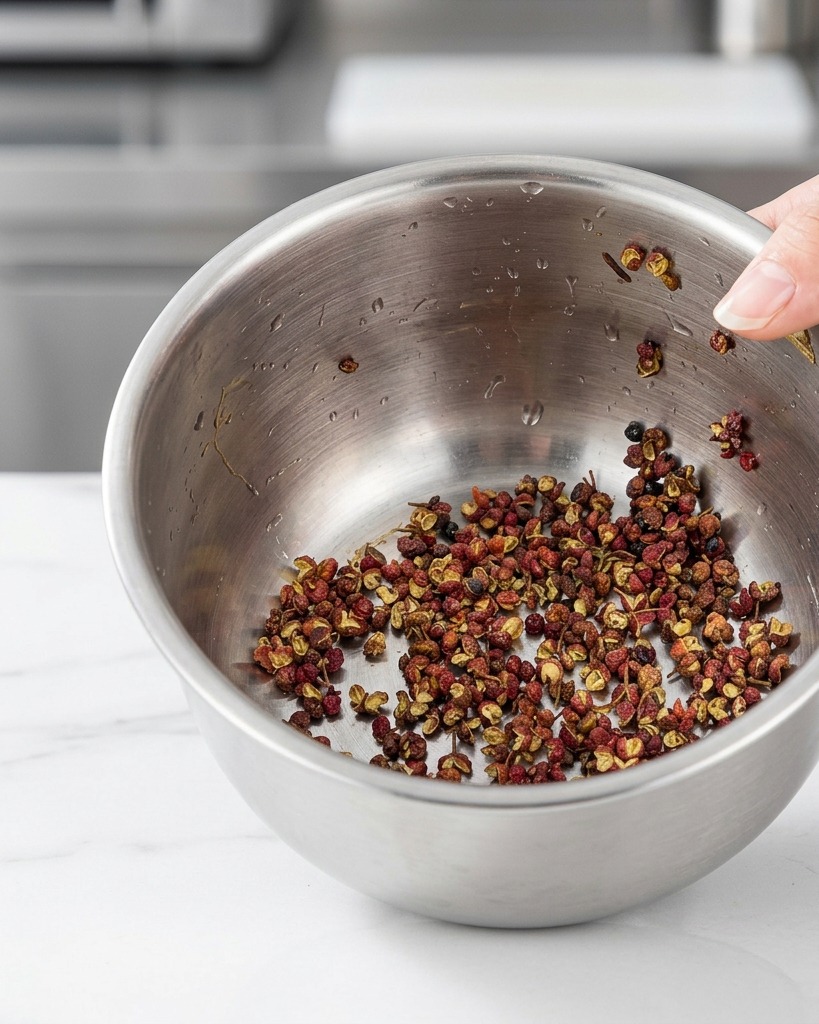 Un puñado de granos de pimienta de Sichuan y especias secas en un cuenco pequeño de acero inoxidable.