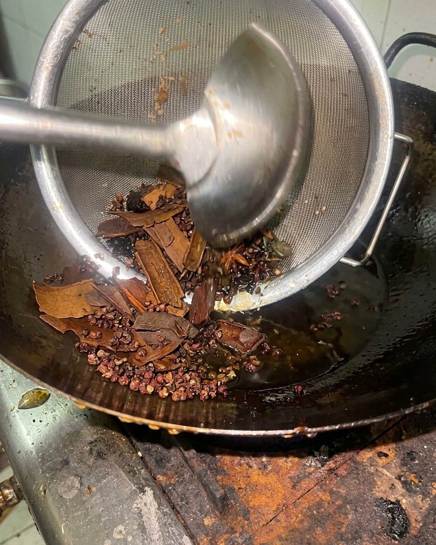 Un colador de metal retirando especias enteras fritas de un wok con aceite infusionado.