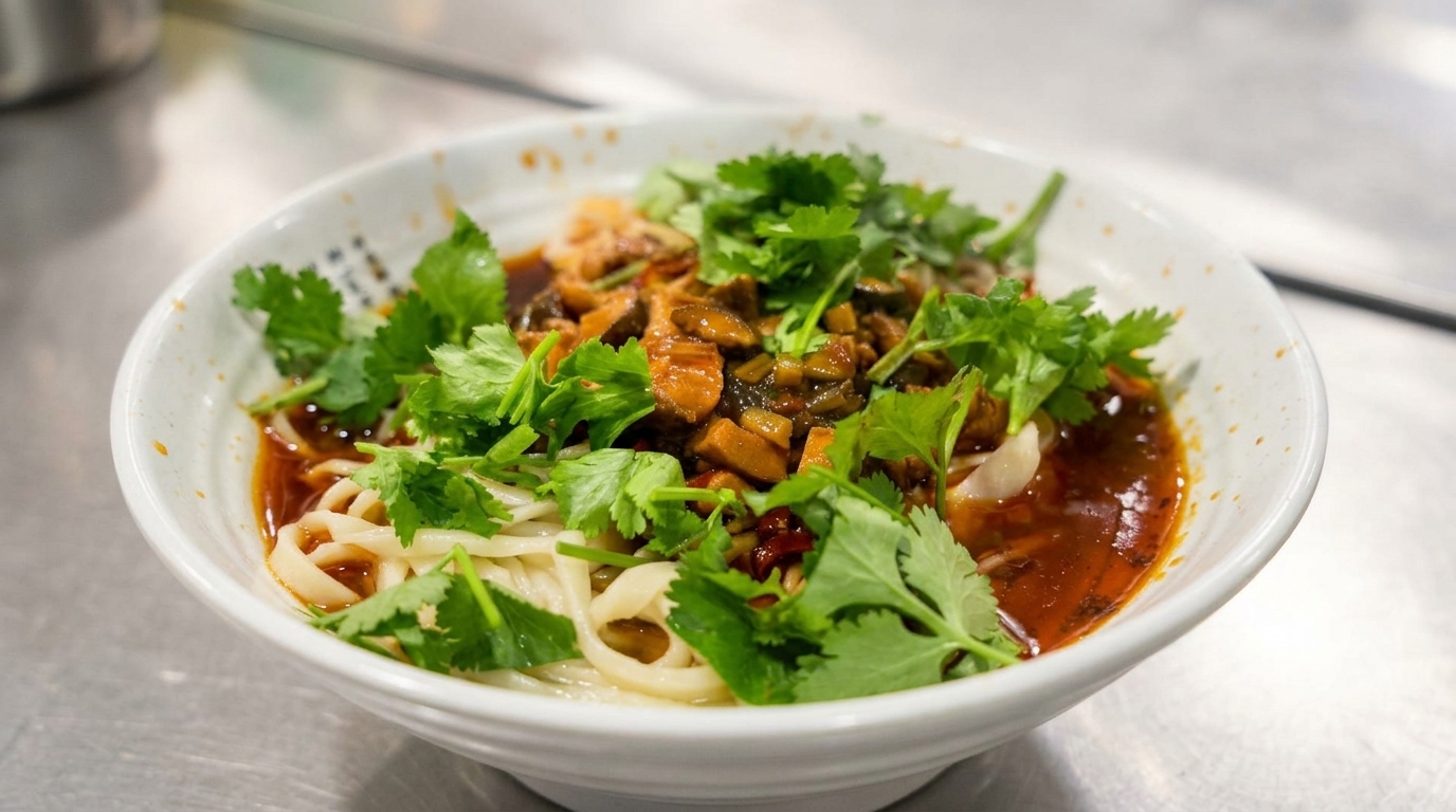 Un bol de fideos de trigo elásticos cubiertos con una salsa brillante de pollo y setas shiitake, decorados con cilantro fresco.