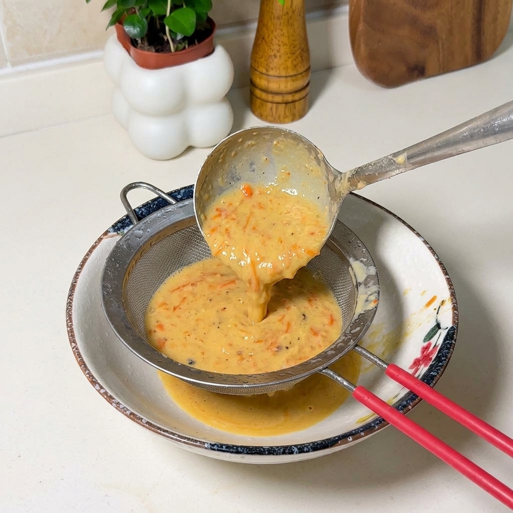 Caldo de gambas naranja vertiéndose a través de un colador metálico hacia un bol de cerámica.