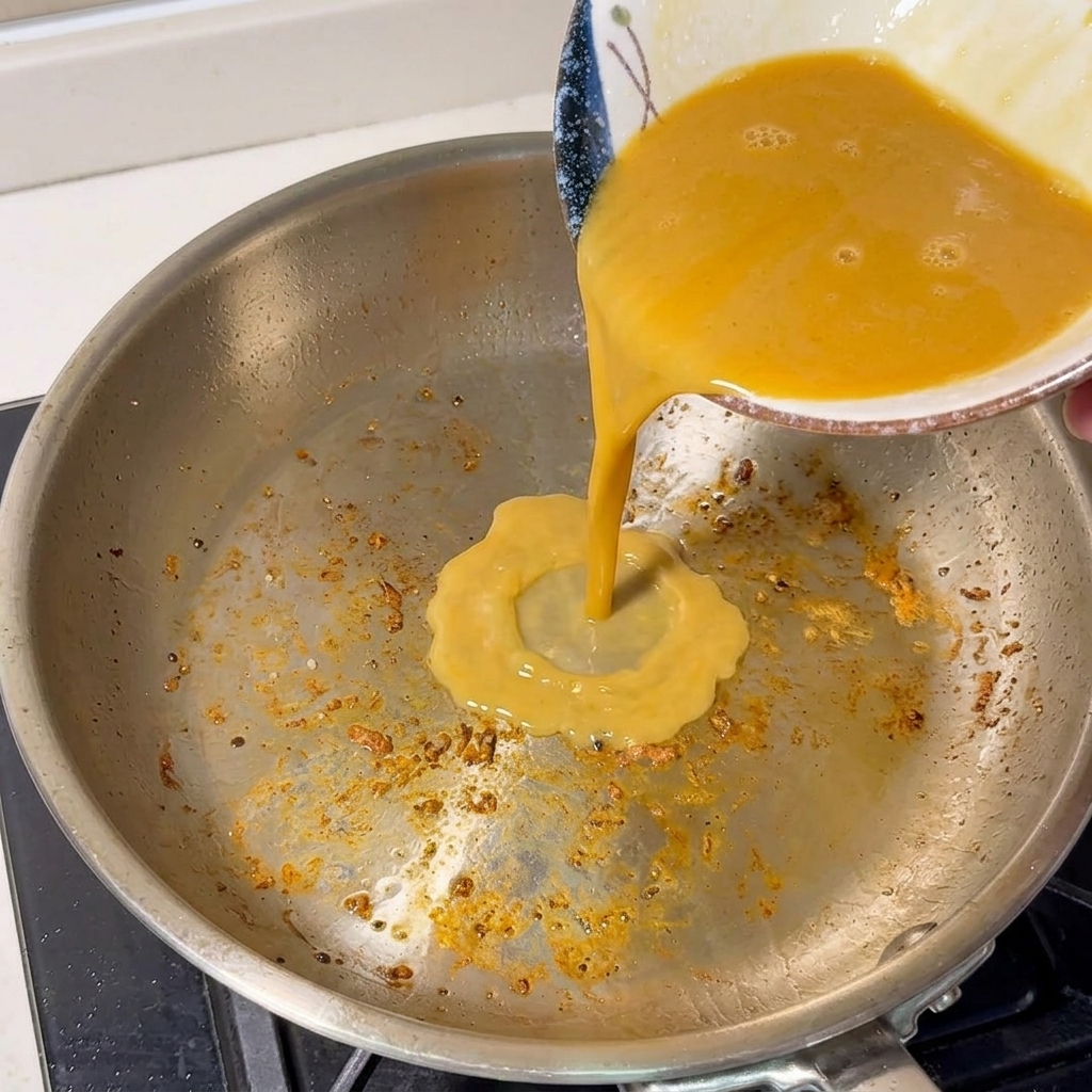 Caldo concentrado de gambas vertiéndose desde un bol a un cazo en el fuego.