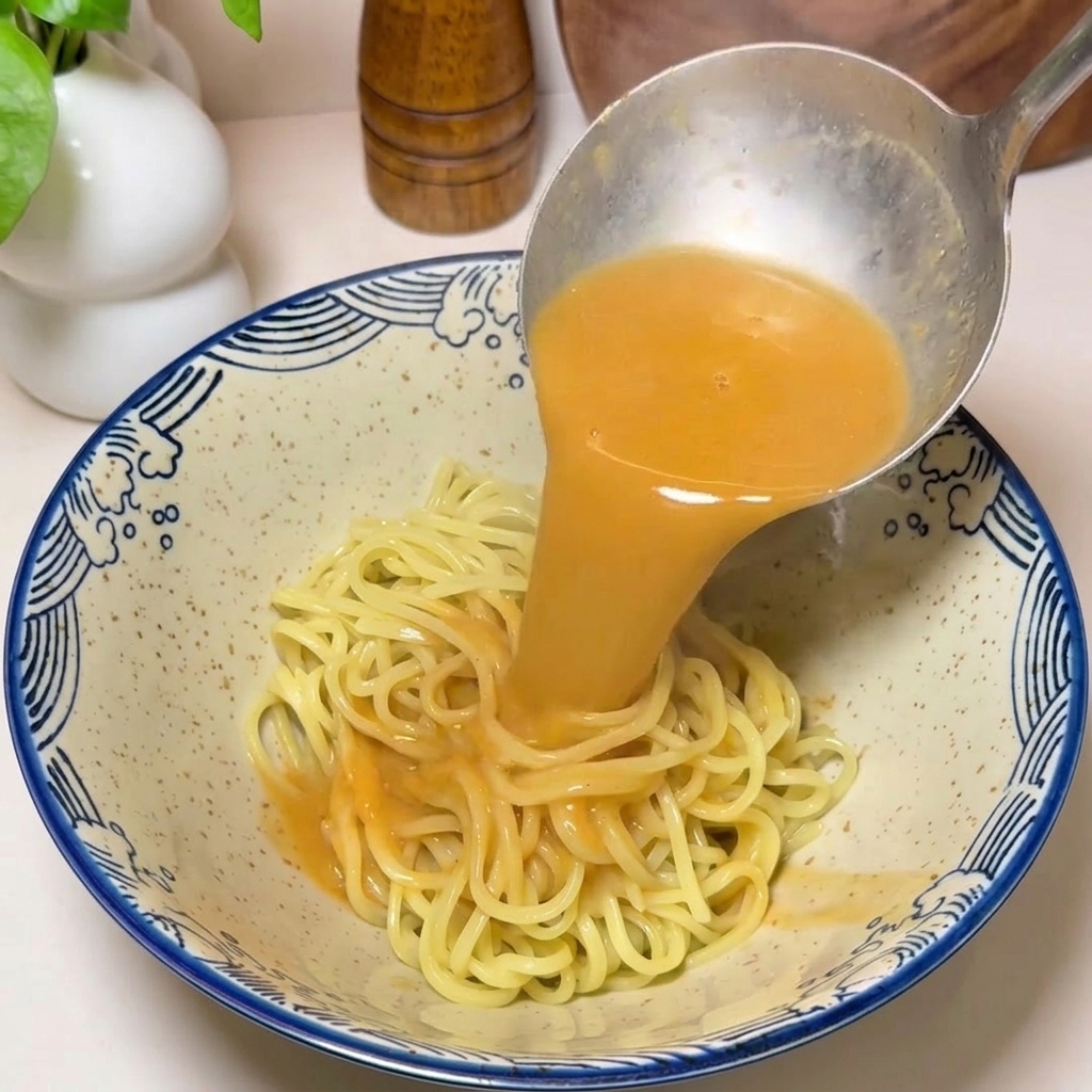 Un cucharón vertiendo caldo naranja sobre un nido de fideos en un bol azul y blanco.